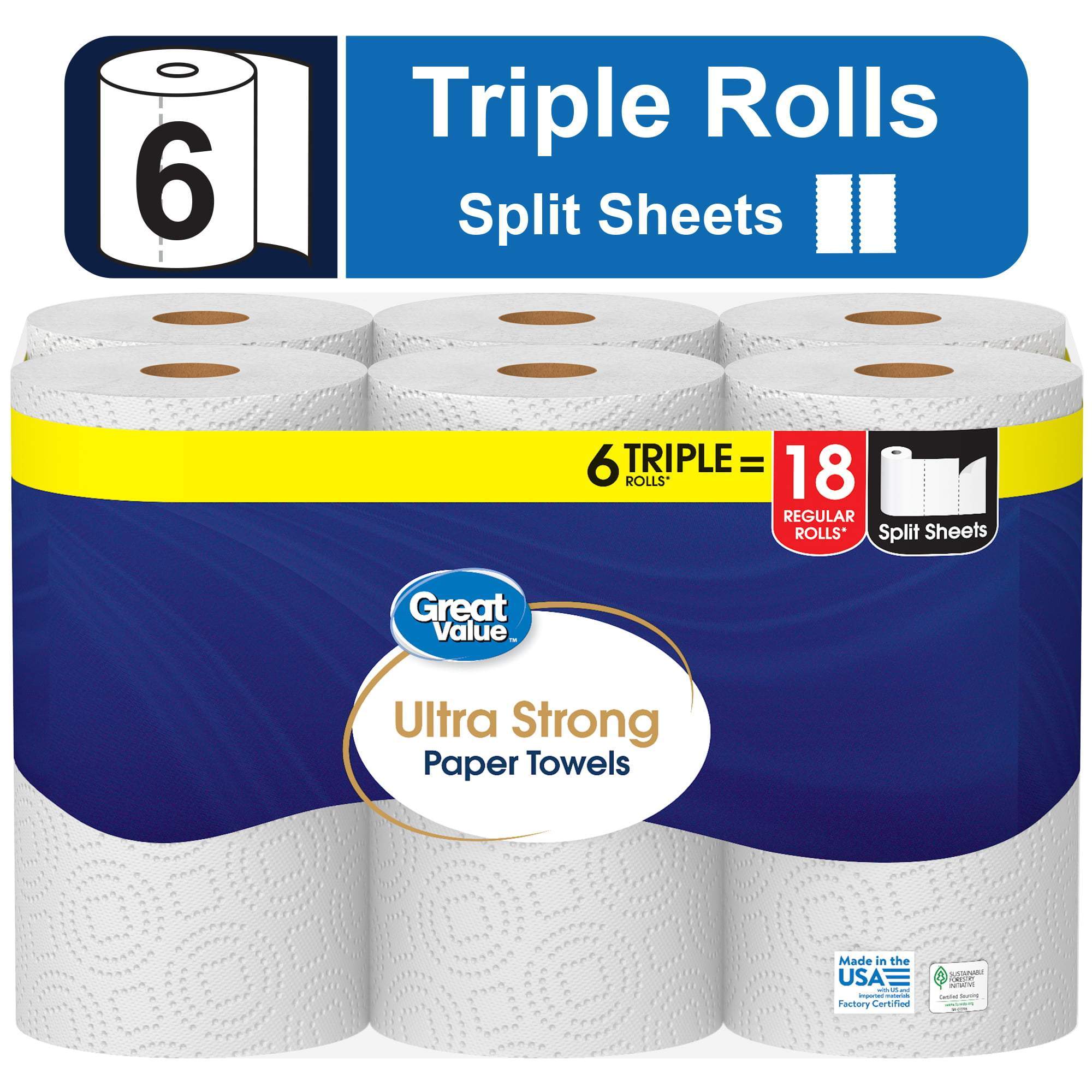 Great Value Ultra Strong Paper Towels, White, 6 Triple Rolls ...